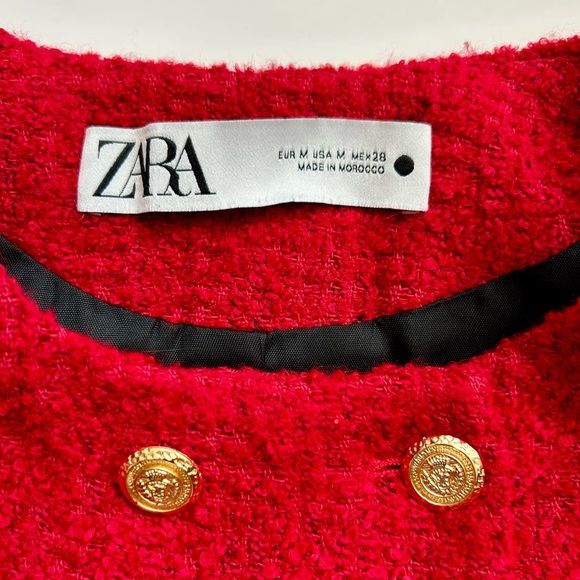 ZARA Double Breasted Blazer Lady Jacket Red Textured Tweed Boucle Size Medium - Picture 14 of 16